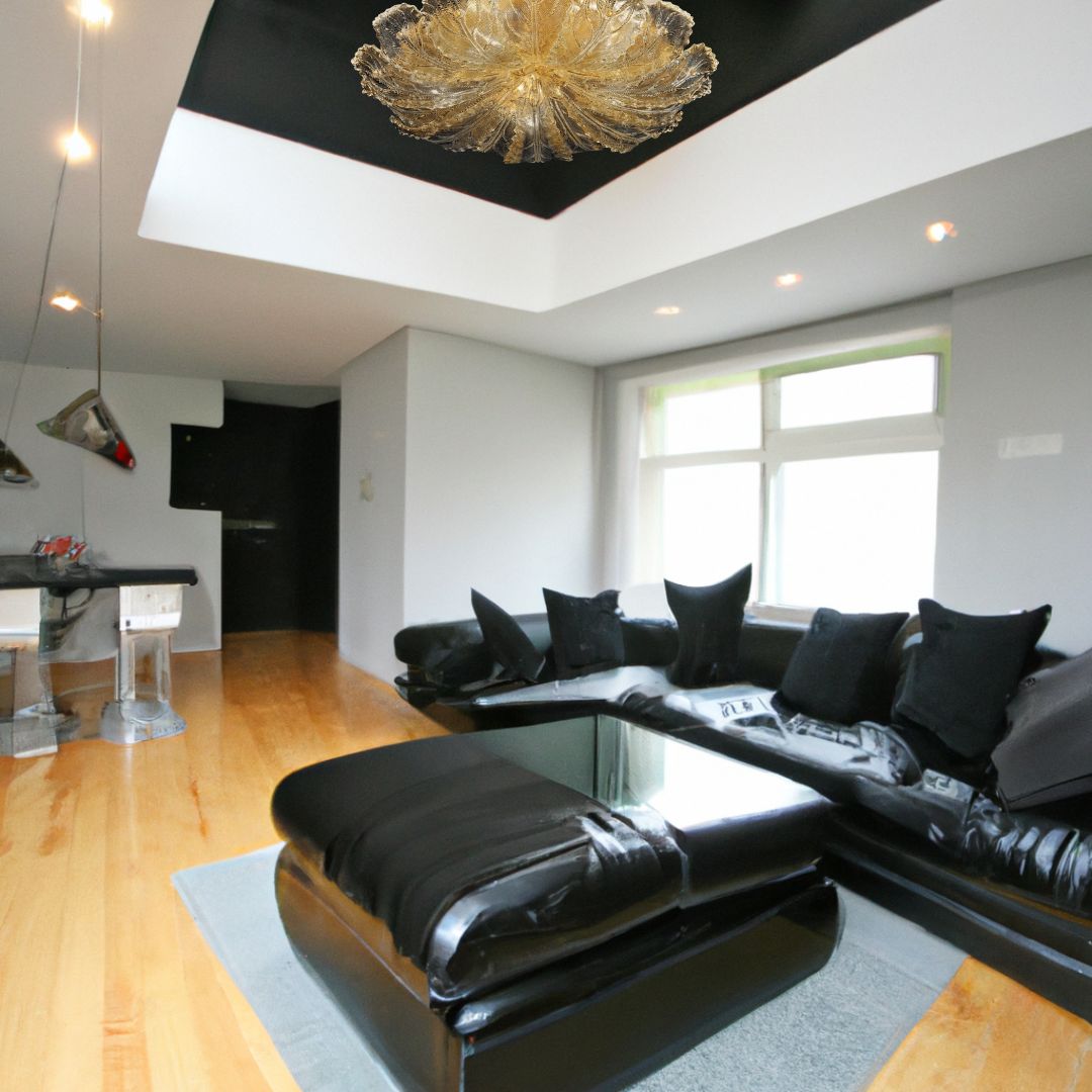 salon moderne avec plafonnier doré sur plafond noir