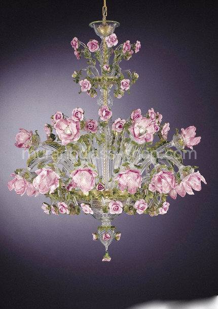 Lustre Rosai, Chandelier avec des fleurs dans les pâtes rose avec trois lumières