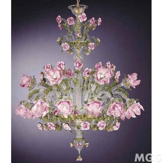 Lustre Rosai, Chandelier avec des fleurs en verre rose coller à dix-huit lumières