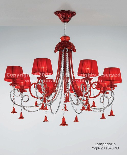 Lustre avec abat-jour série 2315, Lustre avec abat-jour en rouge avec trois lumières