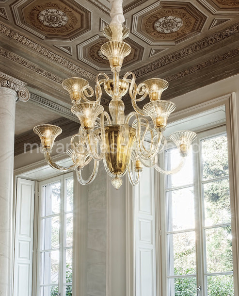 Lustre Sambonet, Lustre en cristal avec or décoration neuf lumières