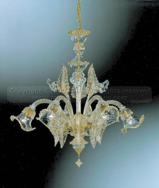 lustres Murano série 137, Lustre en cristal à décor d'or à six lumières.