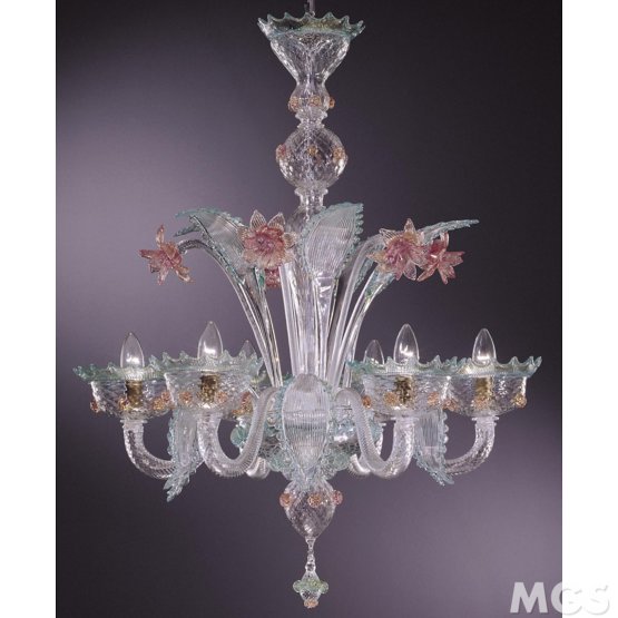 Lustre Anni Cinquanta, Lustre avec détails en or rubis et aigue-marine à cinq lumières