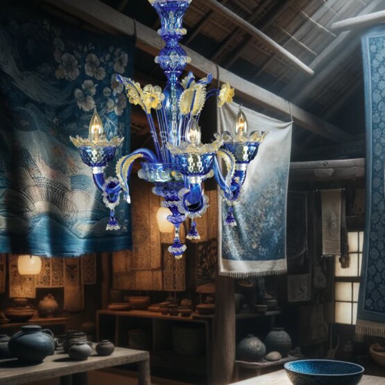 Blu Chandelier, Lustre avec cinq lumières en bleu couleur or
