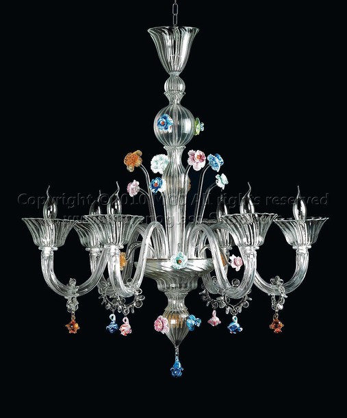 Ponti Chandelier, Lustre en cristal avec des détails en pâte colorée avec six lumière