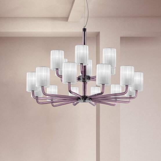 Can Can Chandelier, Lustre avec abat-jour dans le lait blanc et améthyste