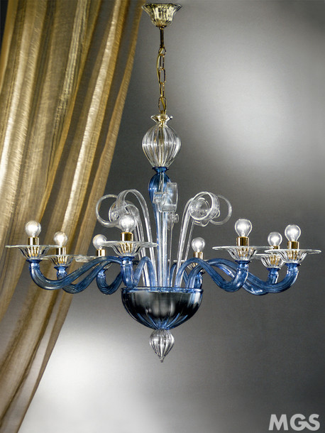 Lustre Paradiso, lustre en cristal bleu détails à huit lumières