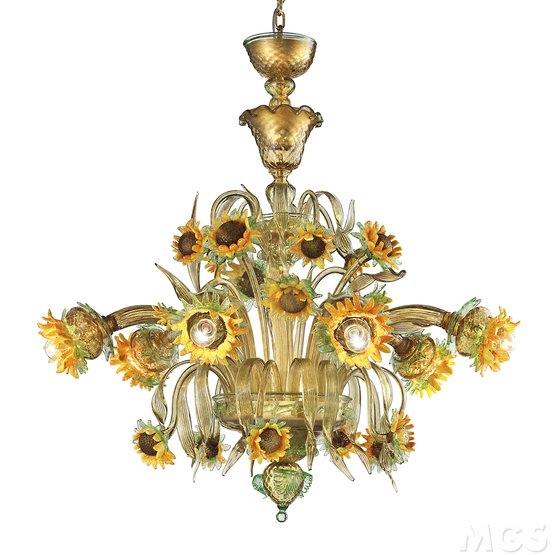 Lustre tournesol, Lustre en cristal et ambre avec de beaux tournesols en pâte colorée.