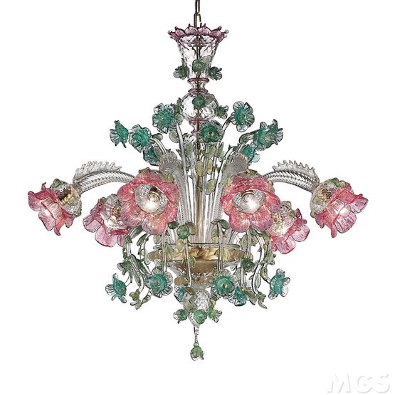 Lustre fleuri, Lustre à six lumières en cristal et or à décorations roses et vertes
