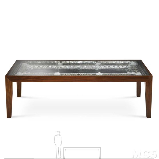 Expos e Table, Table en palissandre et plateau en verre transparent avec intérieur