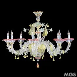 Lustre Ca 'Rezzonico en cristal et or à décor rose et vert