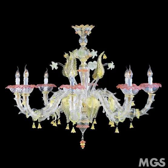 Vendramin Ca 'Rezzonico, Lustre Ca 'Rezzonico en cristal et or à décor rose et vert