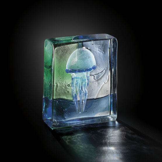 Aquarium avec méduses, Méduse bleue à l'intérieur d'un bloc de cristal