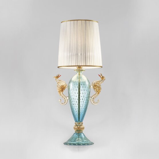 Lampe à poser Aegon, Lampe de table de couleur bleu clair avec décoration dorée