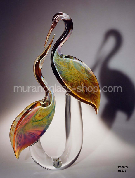 Hérons couple, hérons en verre quelques calcédoine