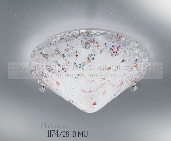 série de lampes de Murano 1174, Plafonnier en verre blanc avec murrine
