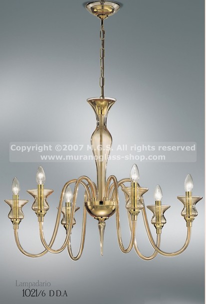 Fuchs Chandelier, Lustre à six lumières en verre ambré avec une décoration