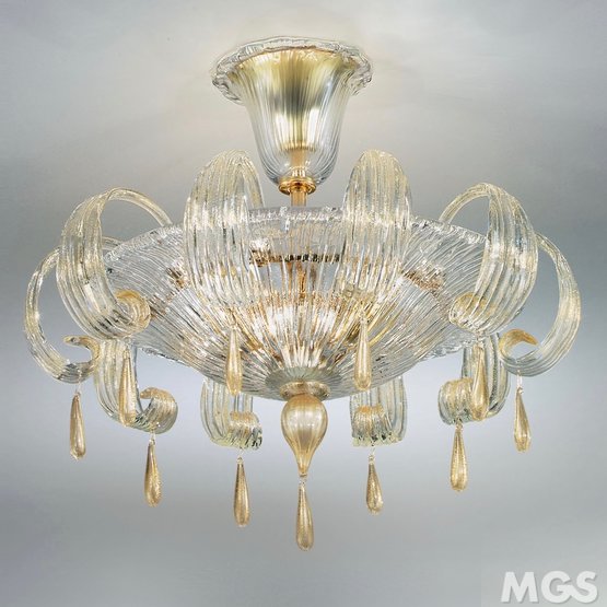 Plafonnier Gocce, Plafonnier en cristal à décor en or 24 carats à trois lumières